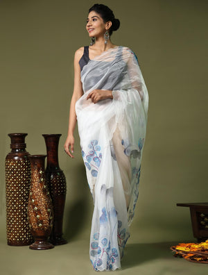 White Digital Printed Organza Saree With Satin Blue Blouse Piece