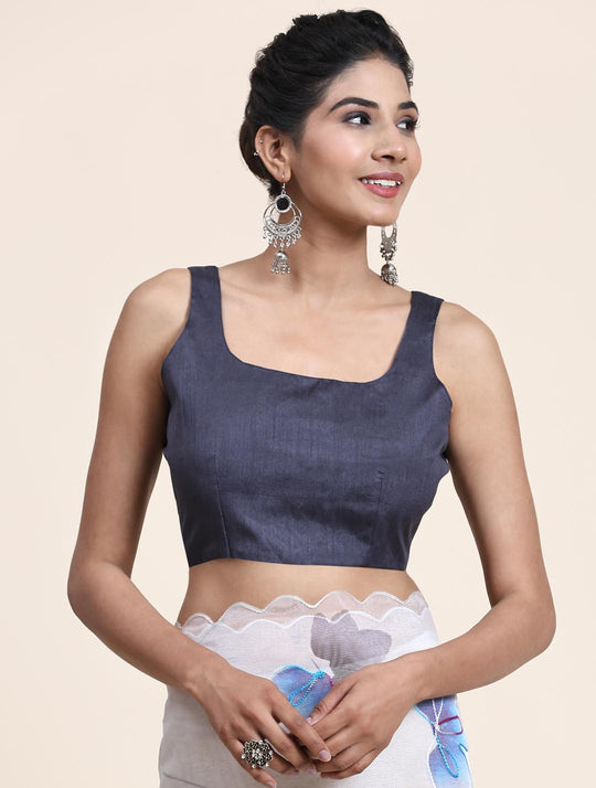 White Digital Printed Organza Saree With Satin Blue Blouse Piece