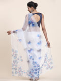 White Digital Printed Organza Saree With Satin Blue Blouse Piece