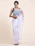 White Digital Printed Organza Saree With Satin Blue Blouse Piece