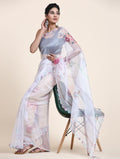 White Digital Printed Organza Saree With Satin Blue Blouse Piece