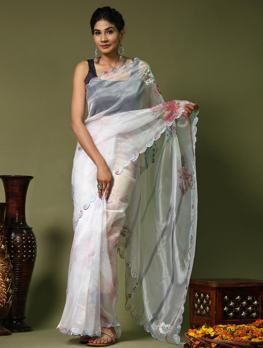 White Digital Printed Organza Saree With Satin Blue Blouse Piece