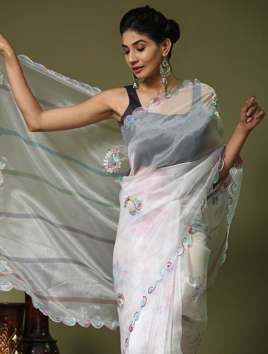 White Digital Printed Organza Saree With Satin Blue Blouse Piece