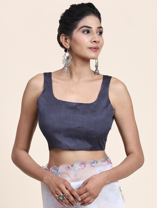 White Digital Printed Organza Saree With Satin Blue Blouse Piece