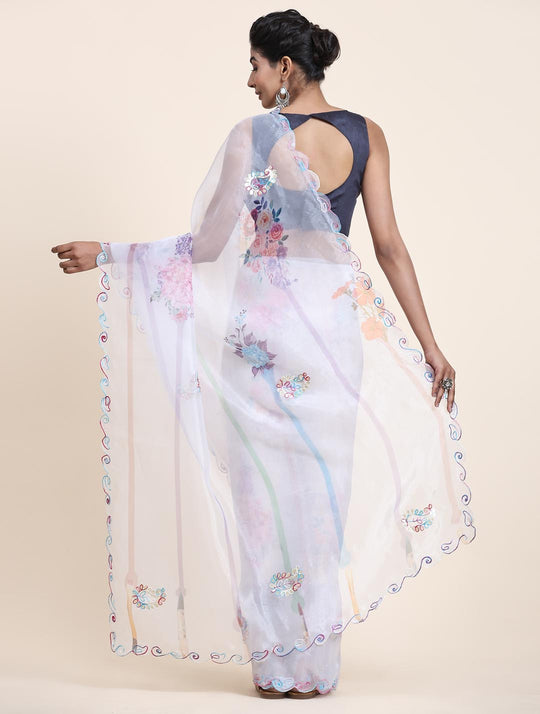 White Digital Printed Organza Saree With Satin Blue Blouse Piece