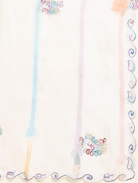 White Digital Printed Organza Saree With Satin Blue Blouse Piece