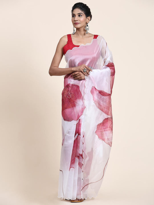 White Digital Printed Organza Saree With Satin Red Blouse Piece