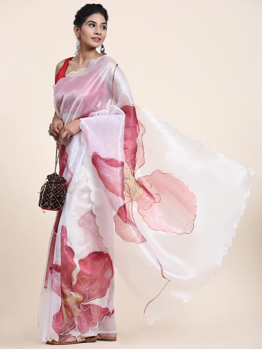White Digital Printed Organza Saree With Satin Red Blouse Piece