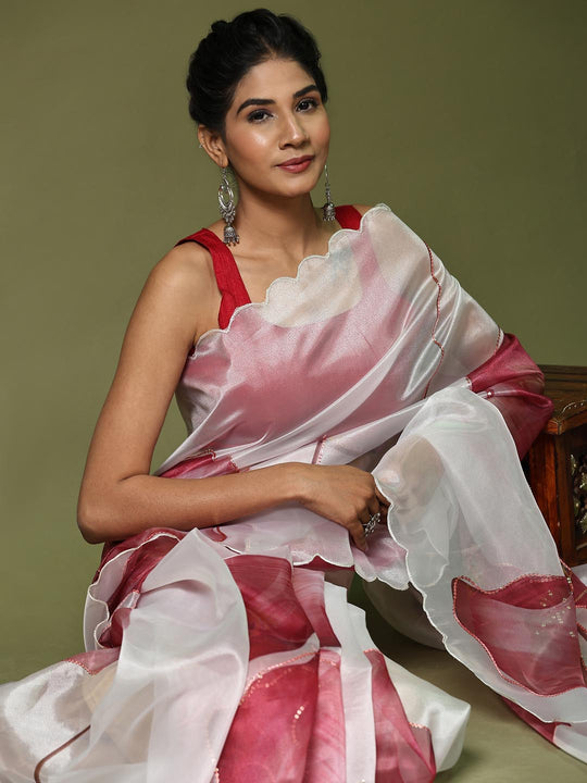 White Digital Printed Organza Saree With Satin Red Blouse Piece