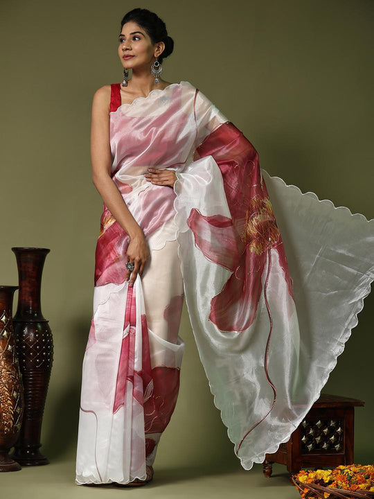 White Digital Printed Organza Saree With Satin Red Blouse Piece