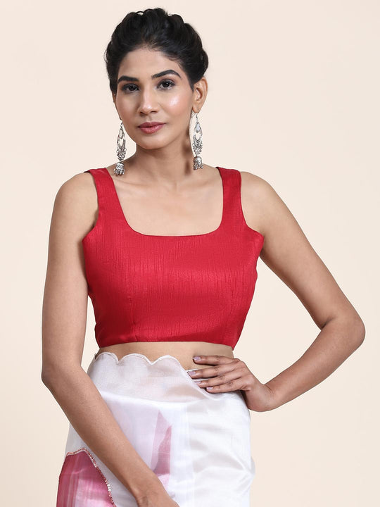 White Digital Printed Organza Saree With Satin Red Blouse Piece