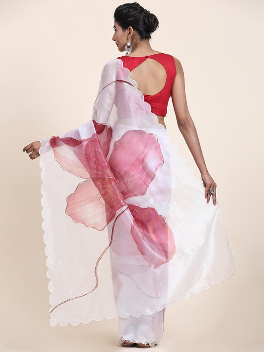 White Digital Printed Organza Saree With Satin Red Blouse Piece
