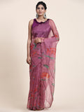 Peach Digital Printed Organza Saree With Satin Burgundy Blouse Piece