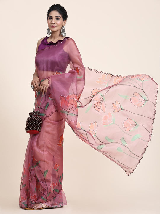 Peach Digital Printed Organza Saree With Satin Burgundy Blouse Piece