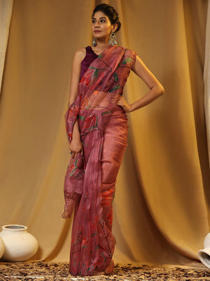 Peach Digital Printed Organza Saree With Satin Burgundy Blouse Piece