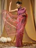 Peach Digital Printed Organza Saree With Satin Burgundy Blouse Piece
