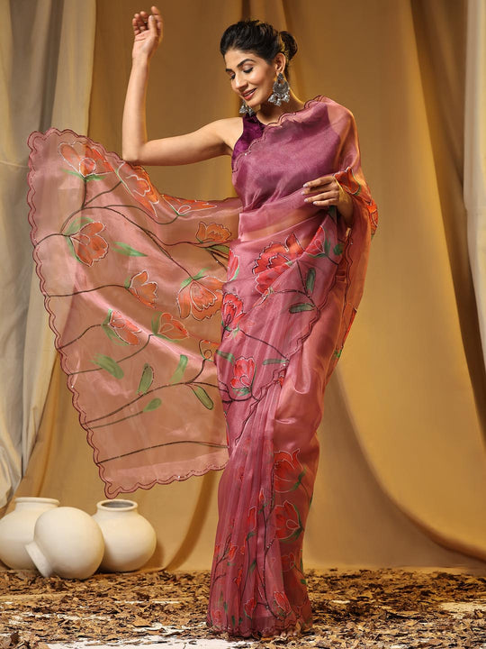 Peach Digital Printed Organza Saree With Satin Burgundy Blouse Piece