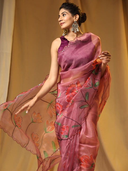 Peach Digital Printed Organza Saree With Satin Burgundy Blouse Piece