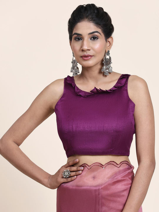 Peach Digital Printed Organza Saree With Satin Burgundy Blouse Piece