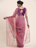 Peach Digital Printed Organza Saree With Satin Burgundy Blouse Piece