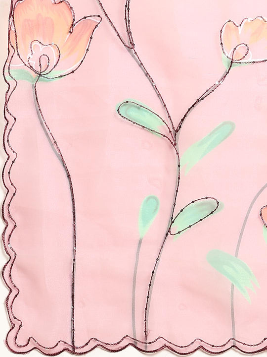 Peach Digital Printed Organza Saree With Satin Burgundy Blouse Piece