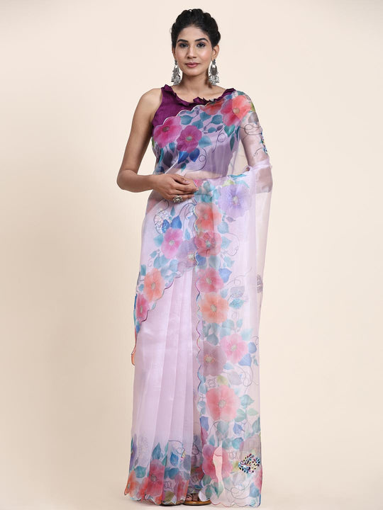 White Digital Printed Organza Saree With Satin Burgundy Blouse Piece