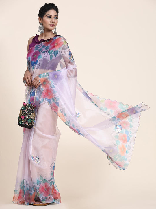 White Digital Printed Organza Saree With Satin Burgundy Blouse Piece