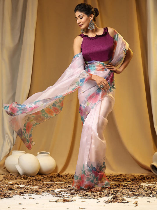 White Digital Printed Organza Saree With Satin Burgundy Blouse Piece