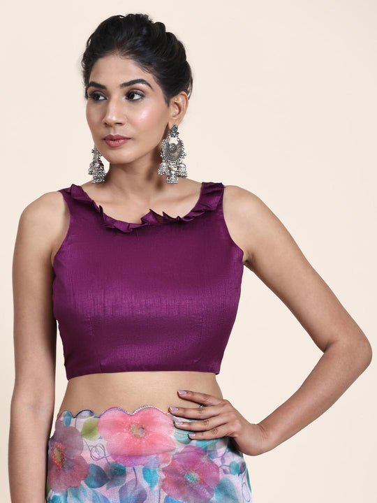 White Digital Printed Organza Saree With Satin Burgundy Blouse Piece