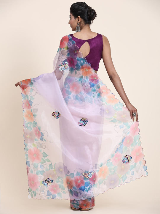 White Digital Printed Organza Saree With Satin Burgundy Blouse Piece