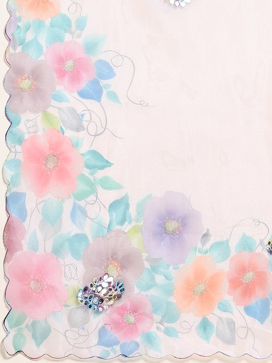 White Digital Printed Organza Saree With Satin Burgundy Blouse Piece