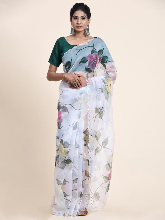 White Digital Printed Organza Saree With Satin Green Blouse Piece