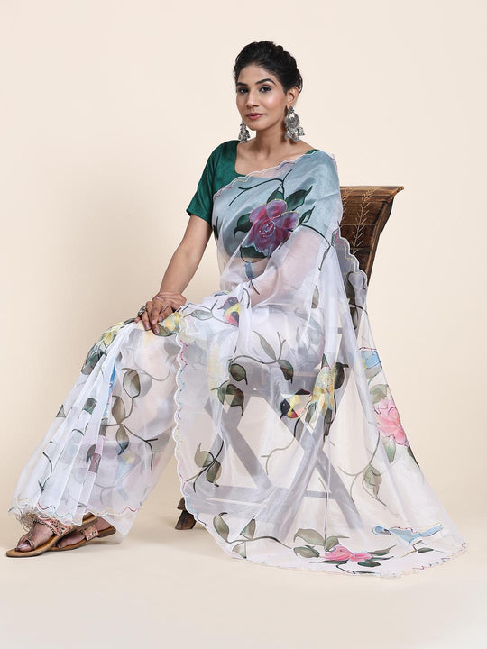 White Digital Printed Organza Saree With Satin Green Blouse Piece
