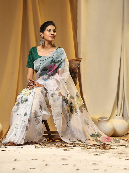 White Digital Printed Organza Saree With Satin Green Blouse Piece