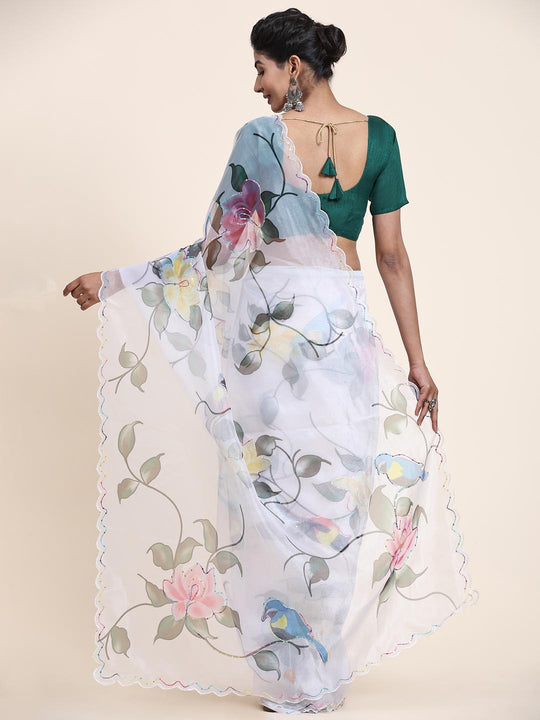 White Digital Printed Organza Saree With Satin Green Blouse Piece