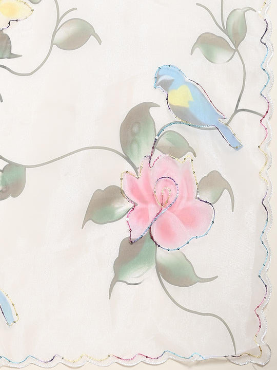 White Digital Printed Organza Saree With Satin Green Blouse Piece