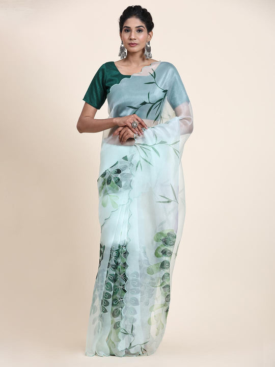 Teal Green Digital Printed Organza Saree With Satin Green Blouse Piece