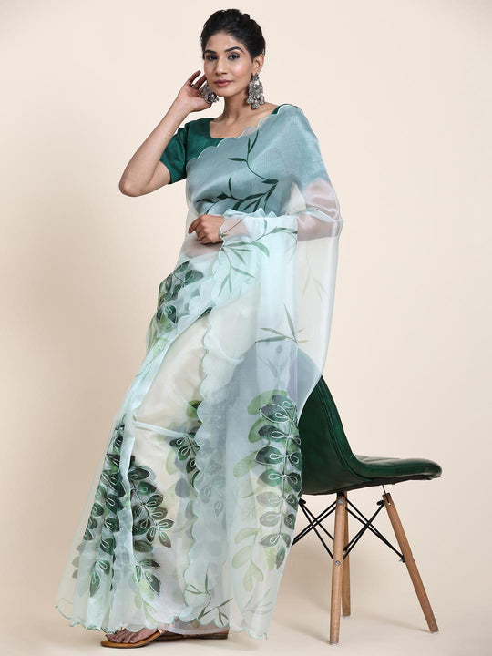 Teal Green Digital Printed Organza Saree With Satin Green Blouse Piece