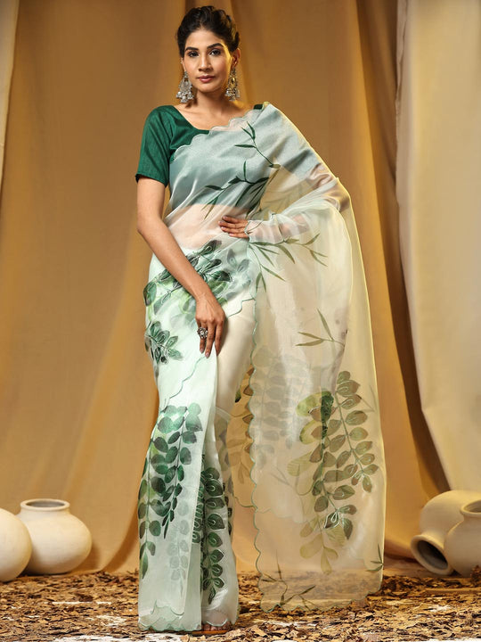 Teal Green Digital Printed Organza Saree With Satin Green Blouse Piece