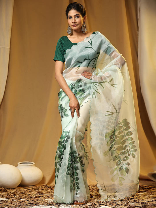 Teal Green Digital Printed Organza Saree With Satin Green Blouse Piece