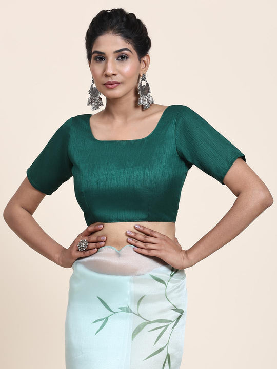 Teal Green Digital Printed Organza Saree With Satin Green Blouse Piece