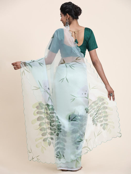 Teal Green Digital Printed Organza Saree With Satin Green Blouse Piece