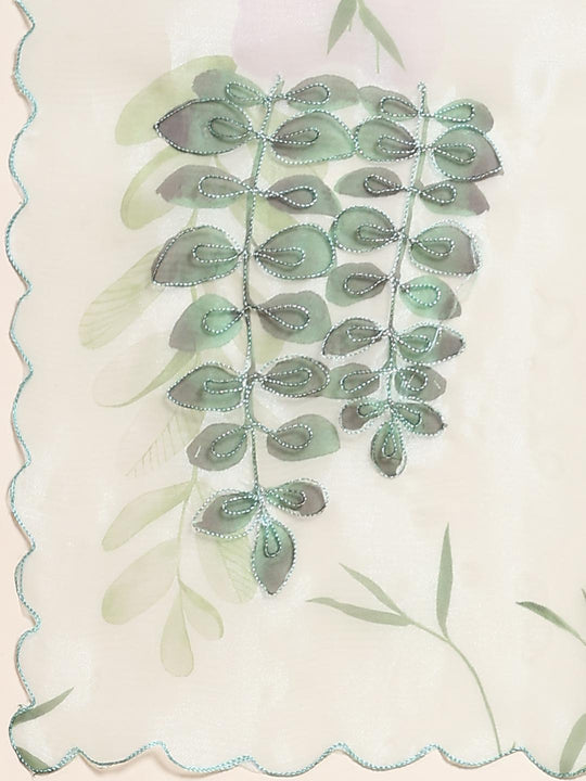 Teal Green Digital Printed Organza Saree With Satin Green Blouse Piece