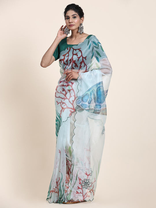 White Digital Printed Organza Saree With Satin Green Blouse Piece