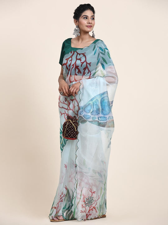 White Digital Printed Organza Saree With Satin Green Blouse Piece