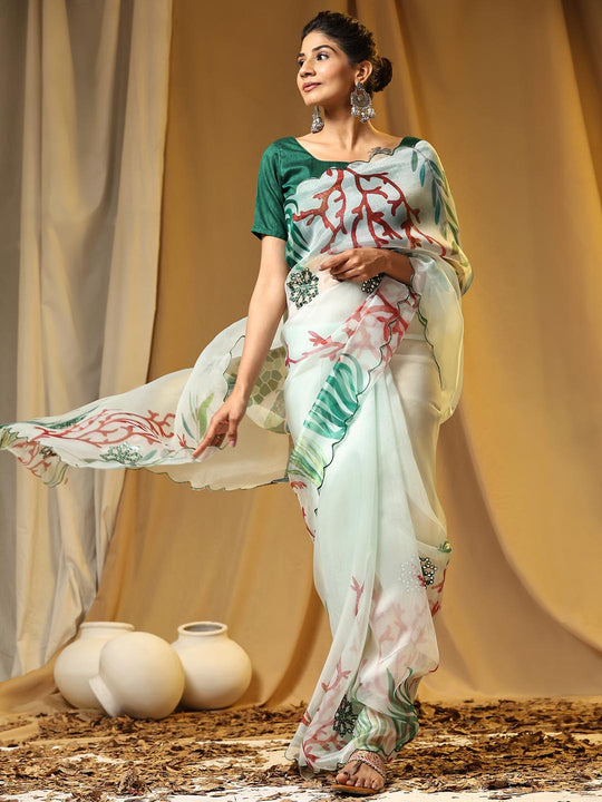 White Digital Printed Organza Saree With Satin Green Blouse Piece