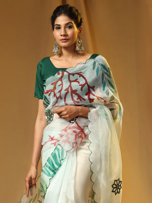 White Digital Printed Organza Saree With Satin Green Blouse Piece