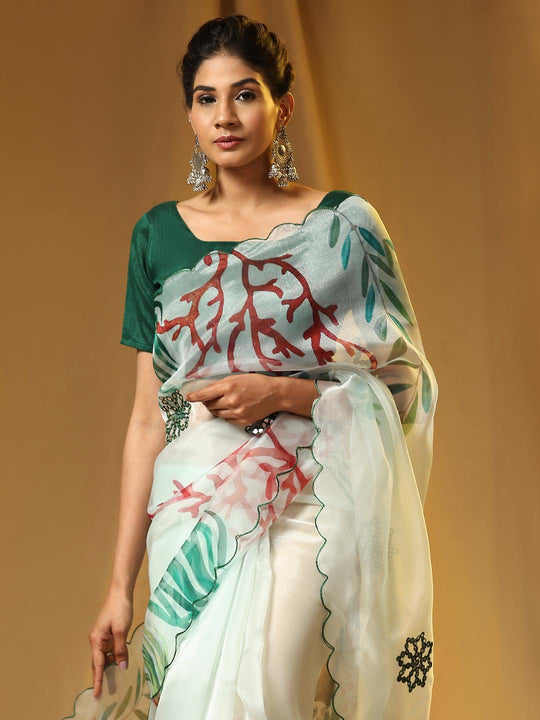 White Digital Printed Organza Saree With Satin Green Blouse Piece