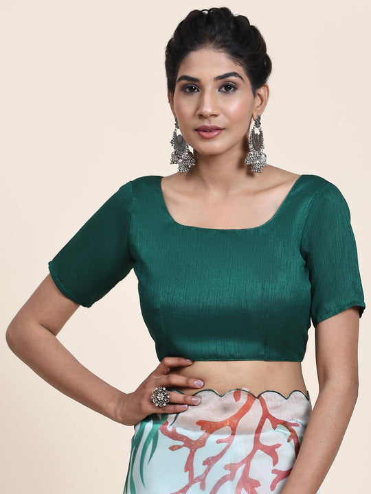 White Digital Printed Organza Saree With Satin Green Blouse Piece