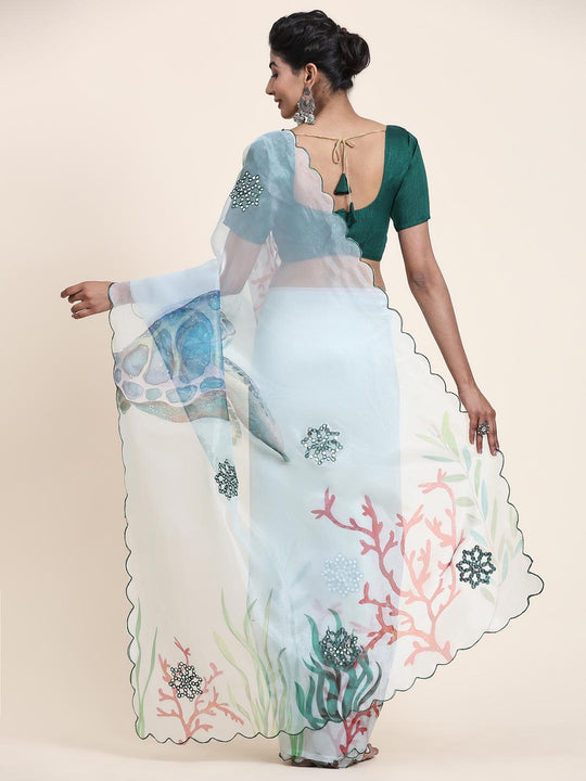 White Digital Printed Organza Saree With Satin Green Blouse Piece